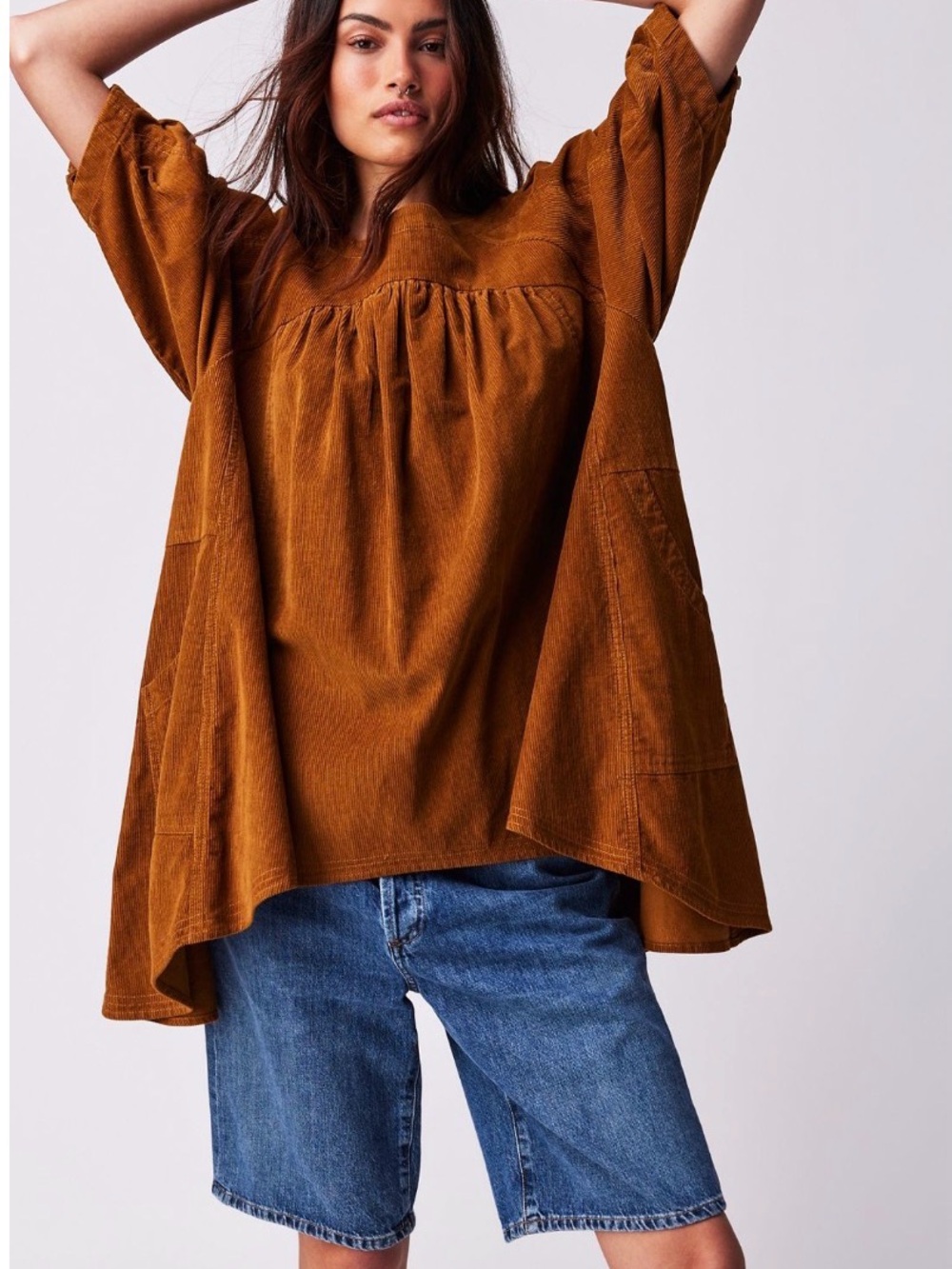 Free People Oversized Corduroy Tunic in Rust Brown